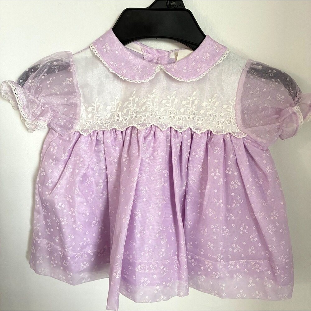 Vintage Baby Girl Purple Floral Lace Dress 9 Months Puff Sleeve Peter Pan Collar